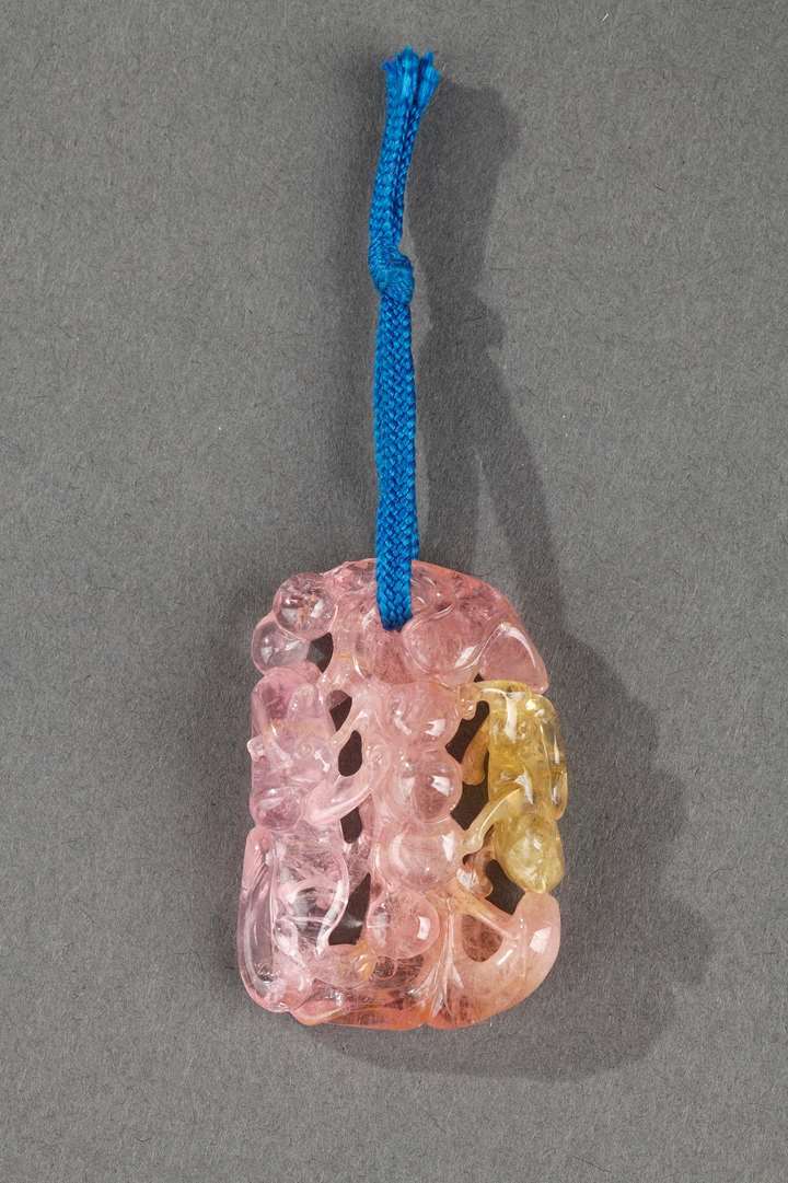 Tourmaline pink and yellow pendant carved in the shape of squirrel and grapes